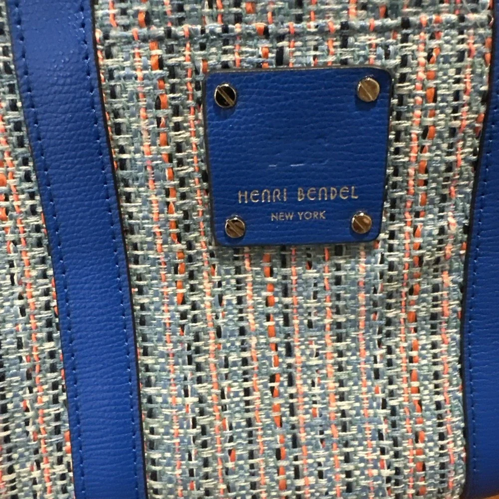 HENRI BENDEL Large Blue Leather Tweed Jetsetter Convertible Backpack Bag Preppy